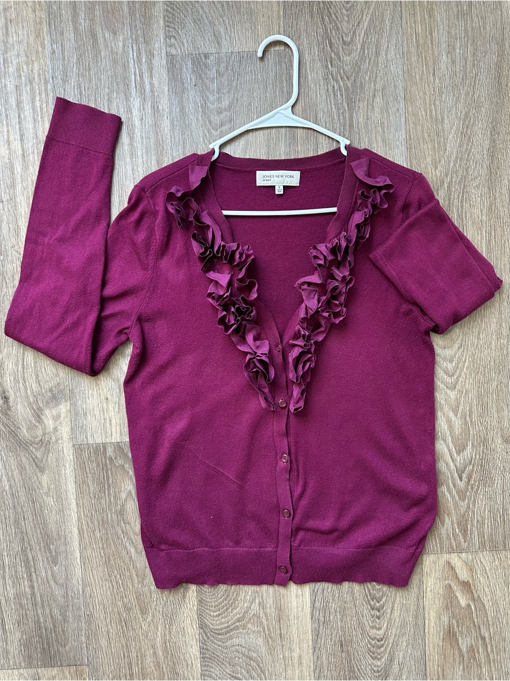 Jones New York Sport Ruffle Trim V-Neck Cardigan Sweater Magenta Plum Small